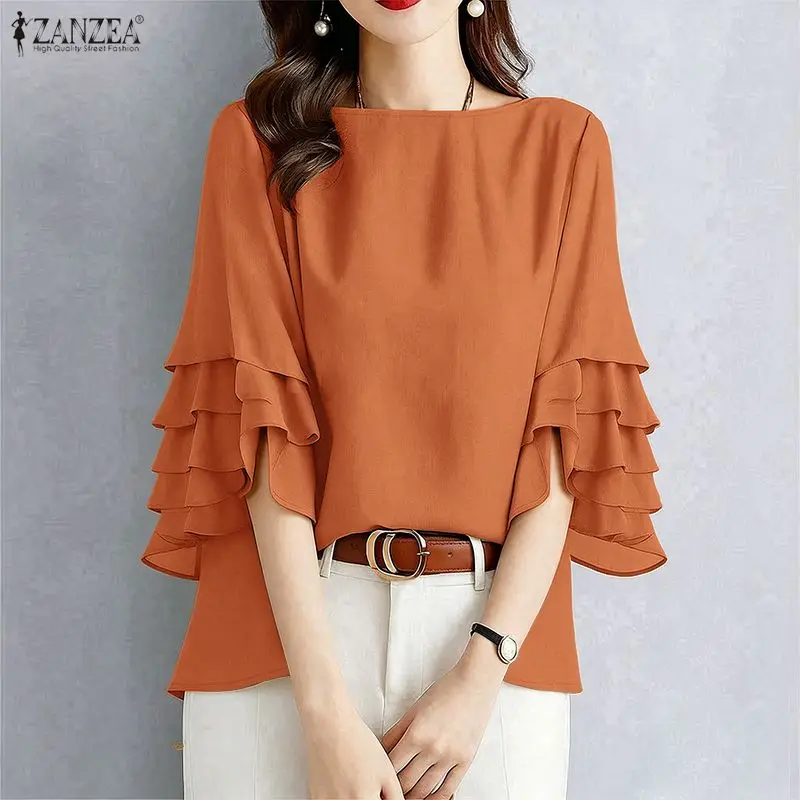 

Stylish Ruffled Blouse 2026 ZANZEA Summer Office Shirt Women O Neck 3/4 Sleeve Tops Elegant Solid Color OL Work Tunic Oversize
