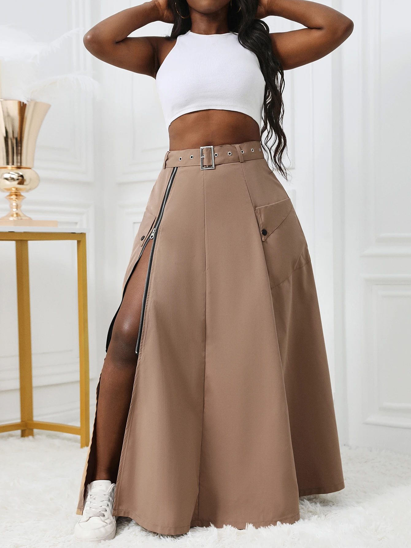 Directional street style ladies front split zipper cargo skirt Fashion sensual belt cargo skirt apron skirt