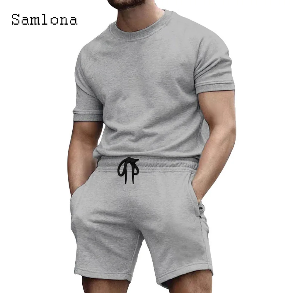 Mens Casual Sports Two Piece Sets 2024 Short Sleeve Basic Tops and Elastic Waist Running Shorts Suit Male Beach Tracksuits Set