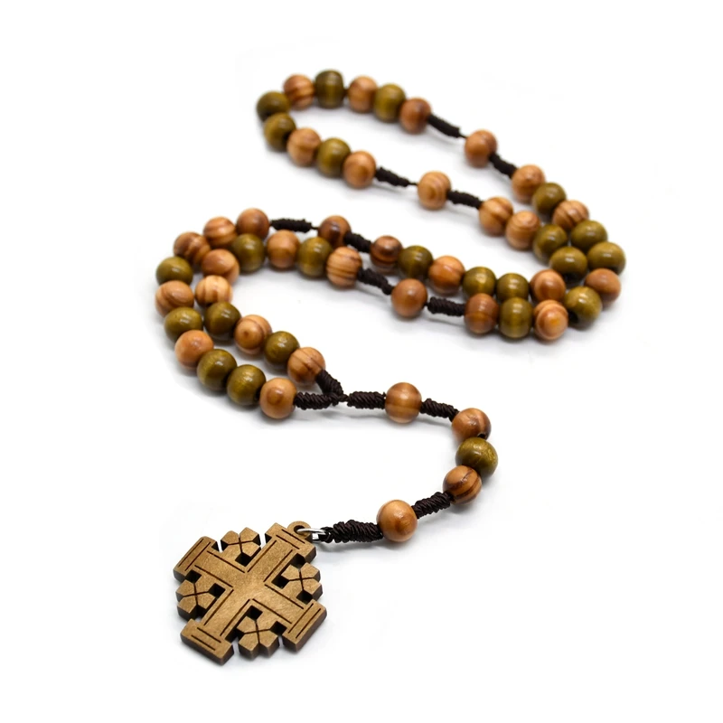 Wood Beads Woven JERUSALEM Religious Ornaments Cross Jesus Rosary Necklace For Men Woomen