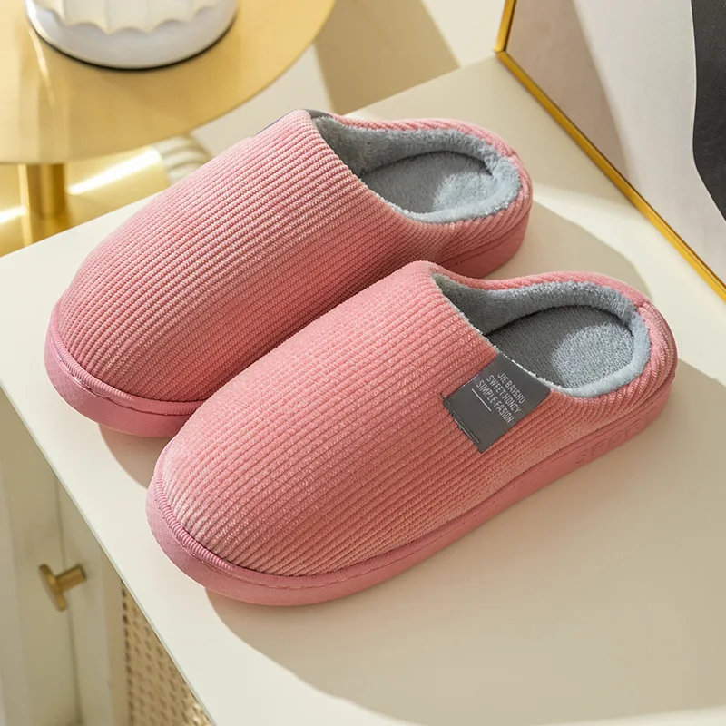 Autumn Winter Fleece-Lined Thickened Cotton Slippers Women\'s Anti-Slip Soft Bottom Home Couple Hair Slippers Wholesale