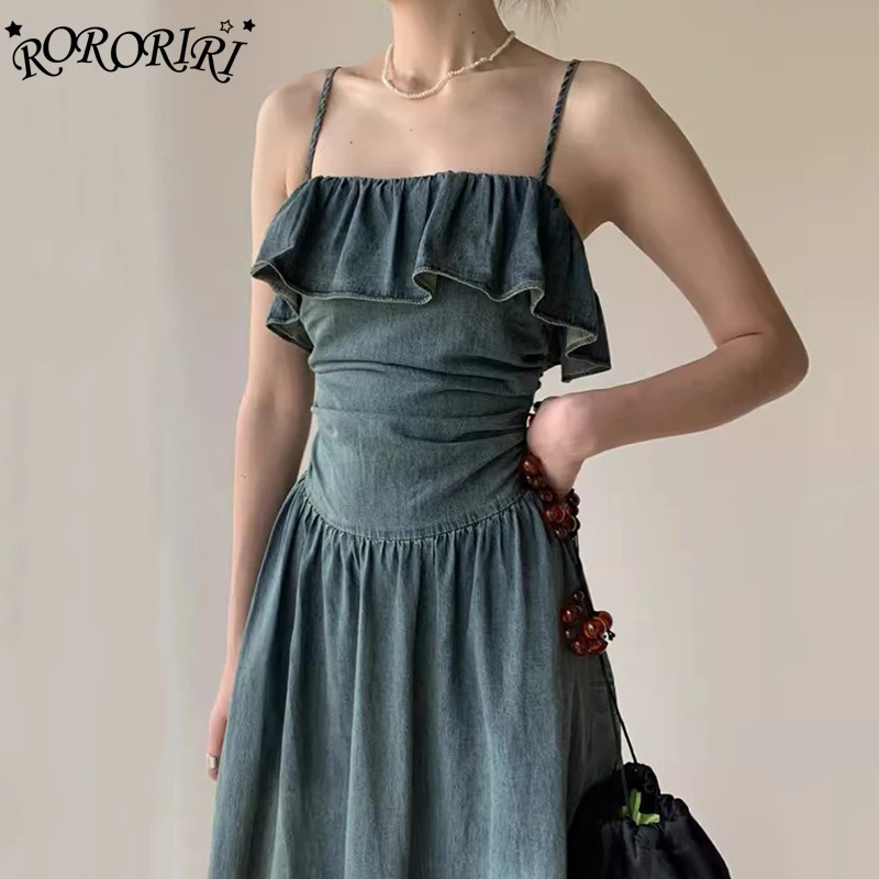 

RORORIRI Ruffle Corset Denim Long Dress Women Blue Solid Casual Spaghetti Straps Ruched Shirred Summer Dress Retro Y2K Clothing