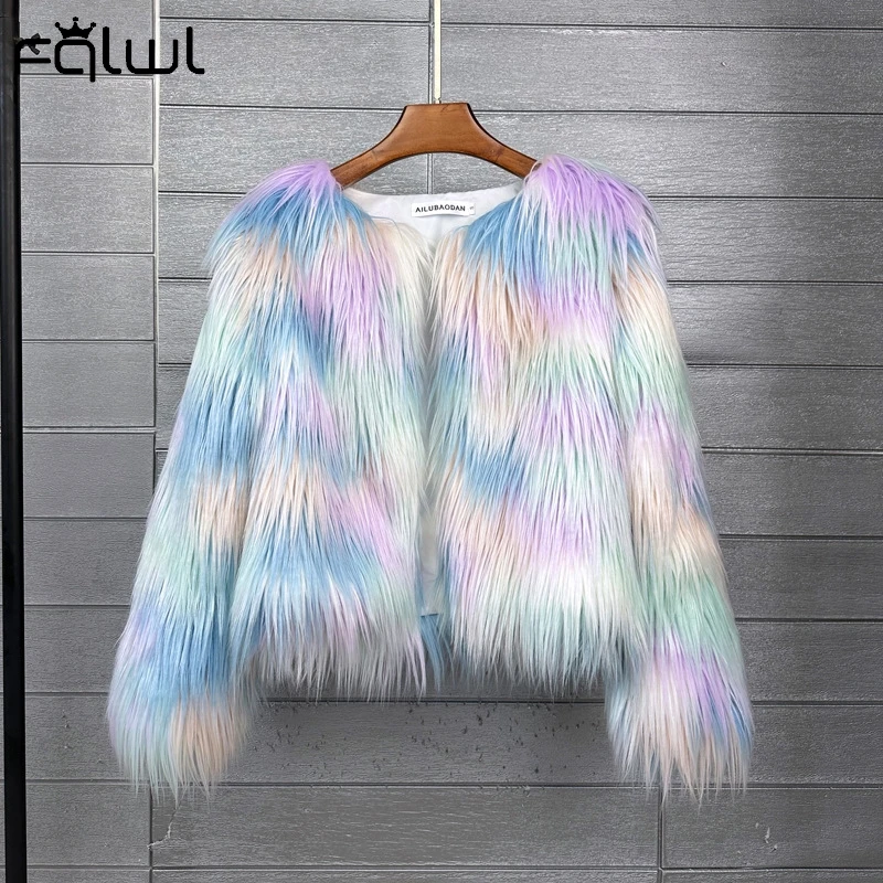 Habbris Colorful Warm Faux Women Fur Coat Loose Black White Pink Plush Coat 2024Female Jacket Fur Autumn Winter Shaggy Outerwear