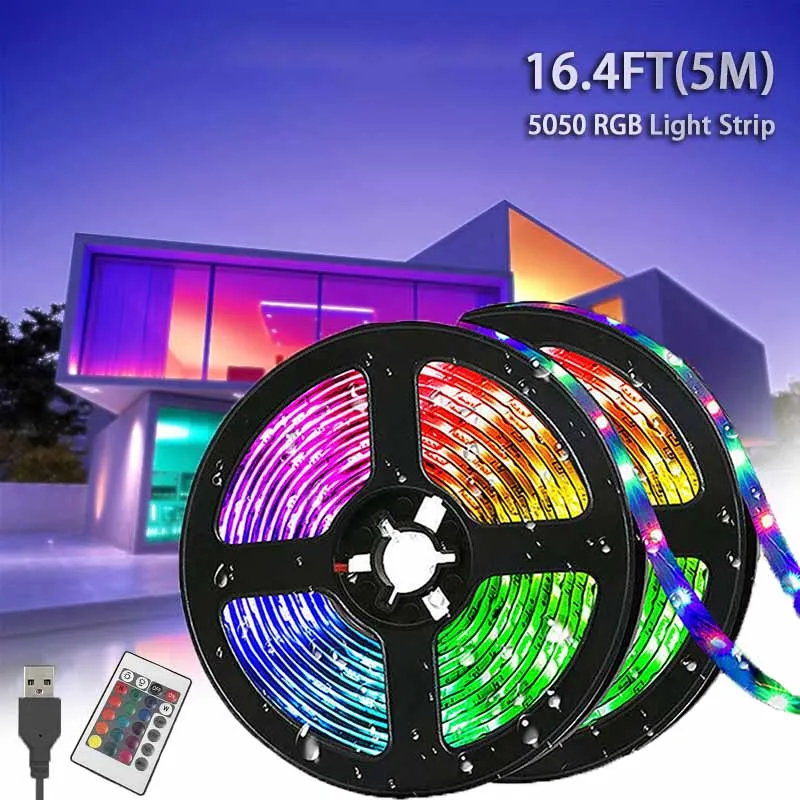 Lampu Led 5M, dengan colokan USB 24 tombol 5050 multiwarna RGB TV latar belakang Bar permainan ruang keluarga dekorasi pesta lampu malam