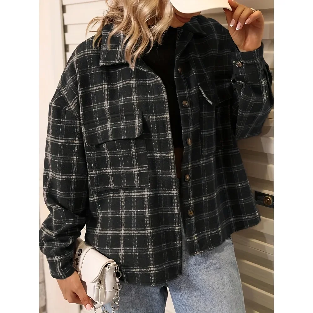 

Plus Size 1XL-5XL Plaid Print Shirts Long Sleeve Jacket Ladies Casual Button Mock Neck Tunic Jacket
