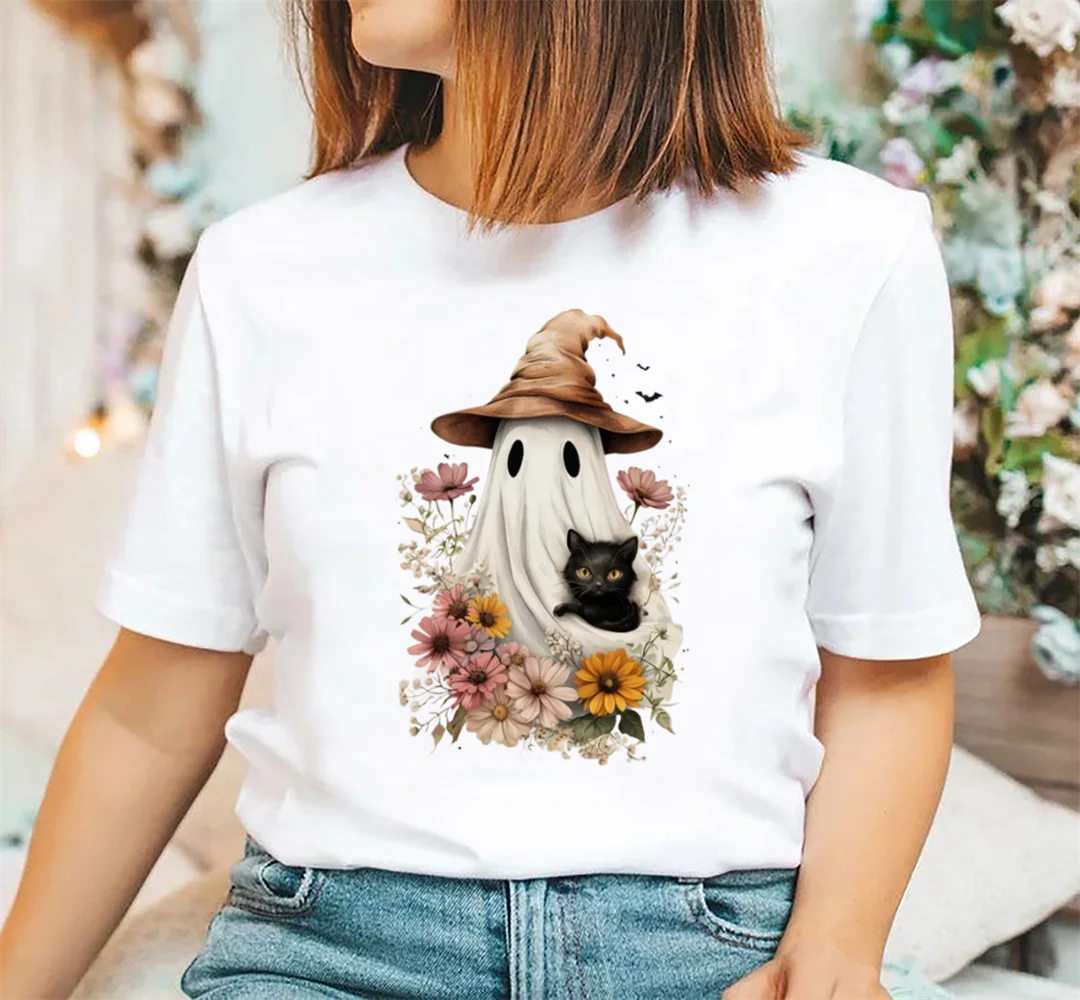 

Призрачный кот, модная женская верхняя одежда с забавным принтом, повседневная футболка с короткими рукавами и круглым вырезом, женская уличная белая футболка
