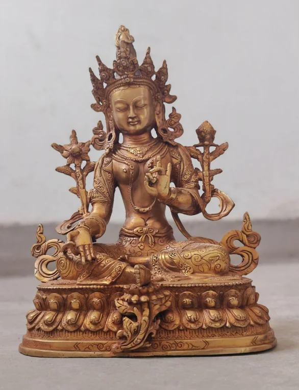 

12" temple Buddhism Statue Bronze Gilt Buddha Bodhisattva Tara Green blessing;