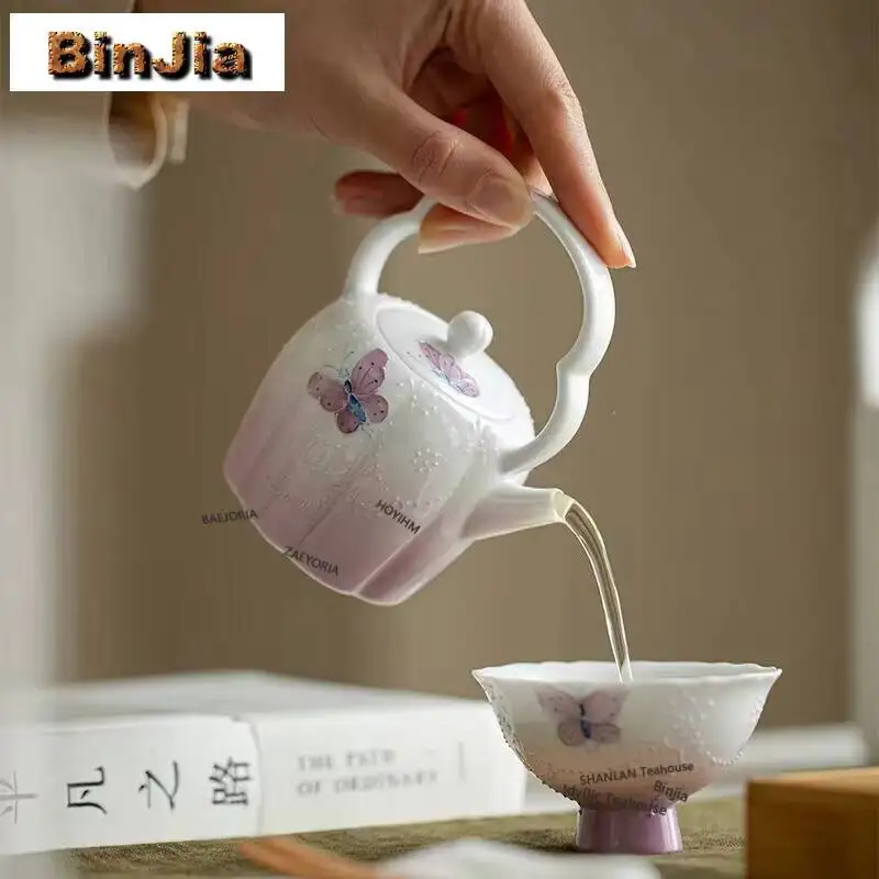 170ml Hand Drawn Butterflies Arita Porcelain Lifting Handle Teapot Elegant Tea Infuser Pot Tea Soaking Kettle With Strainer Tea