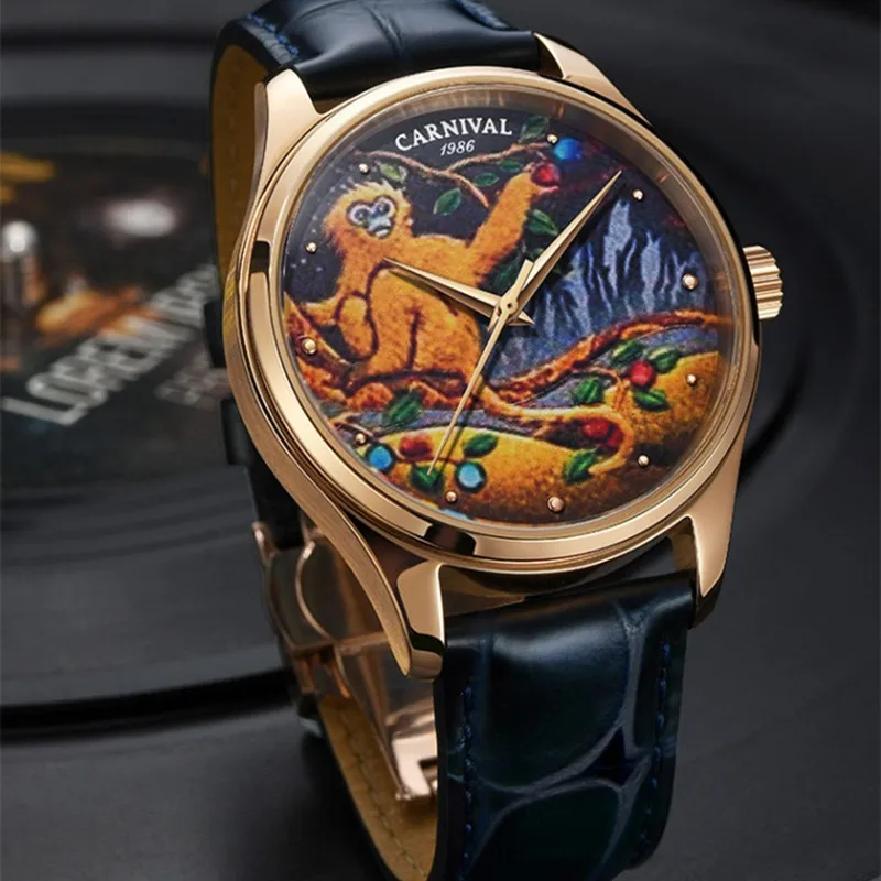 CARNIVAL Brand Luxury Mechanical Watch Mens Fashion 3D Monkey NH36 Movement Automatic Wristwatch Waterproof for Men Reloj Hombre