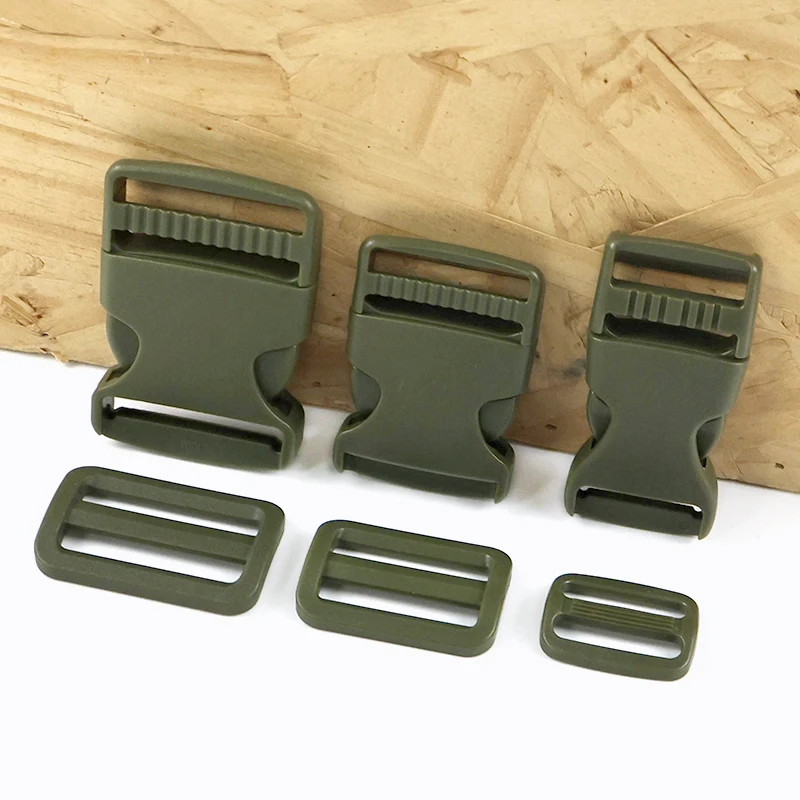 5/10 Sets de Hebillas de Anillo Verde Militar de 25/32/38mm + Hebillas de Liberación Rápida de Plástico para Correas, Cierres de Mochila, Cierres de Equipaje, Ganchos de Sujeción