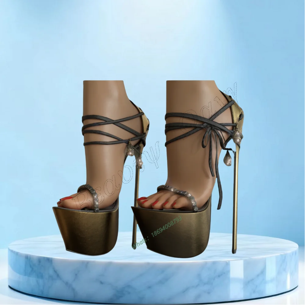 

Gold Ankle Lace up Platform Heels Sandals Stilettos Thin High Spike High Heel Shoes Women Shoes New Zapatos Para Mujere
