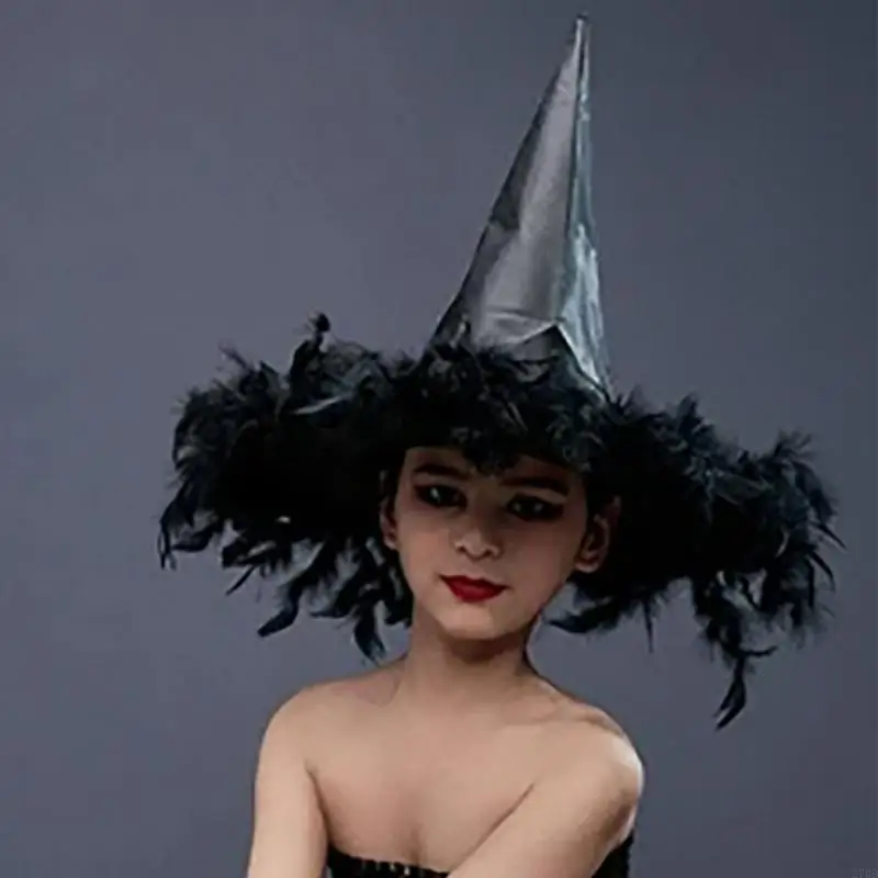 270d Halloween Witches Hat Feathers Fringes Women Costume Girl Dress Up Accessori