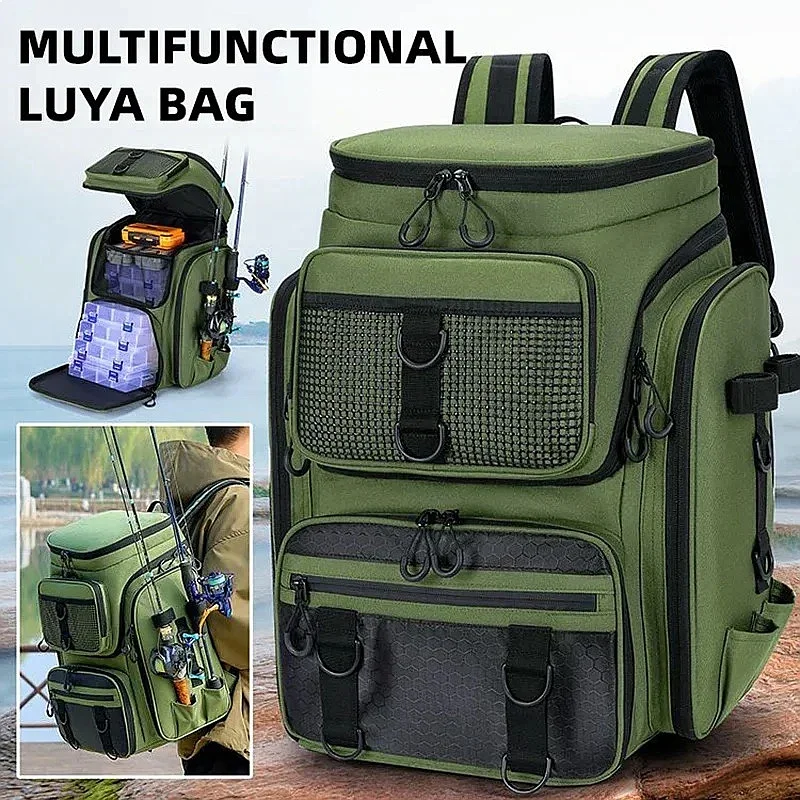 Water-Resistant Fishing Backpack with Rod Holders Large Tackle Bag for Gear and Lures