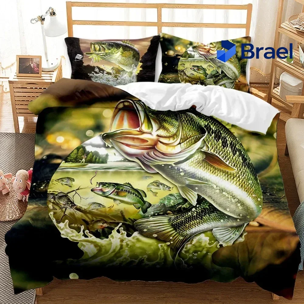 Exquisite Big Pike Fishing Hunting Bedding Set Boys Girls Twin Queen Size Duvet Cover Pillowcase Bed Kids Adult Home Textileexti