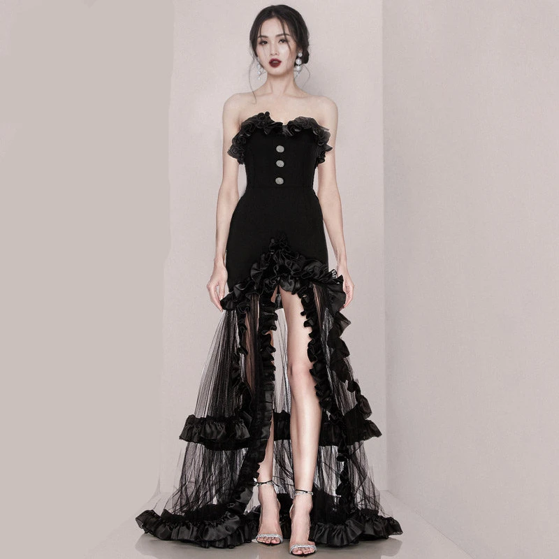 New Black Dress For Women's Banquet 2024 Temperament long Dress Strapless Sexy Drag Floor Slit Lace Dress Annual Conference