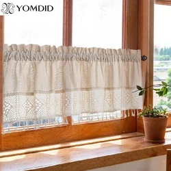 YOMDID Retro Tassels Short Curtains For Kitchen Cotton Linen Lace Half Tulle Curtain Cabinet Door Christmas Room Decor Cortinas