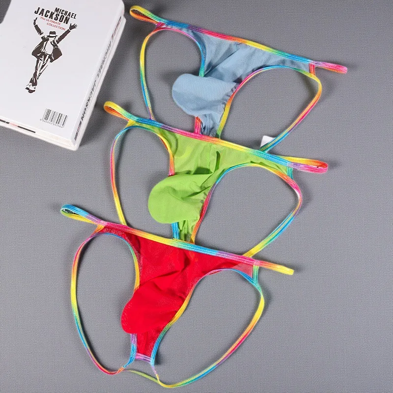 Men T-back G-String Low-waist Breathable Thongs Briefs Underwear Bikini Mesh Men's Rainbow Gay Lingerie Homme