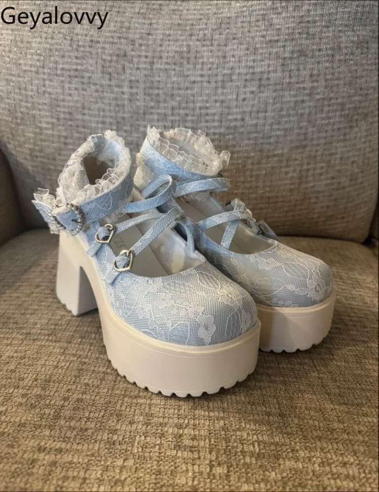 

Summer Lolita Sweet Girl All-Match Lace Bow Lace-up High Heels Japanese Mine Style Uniform Kawaii Platform Shoes for Women