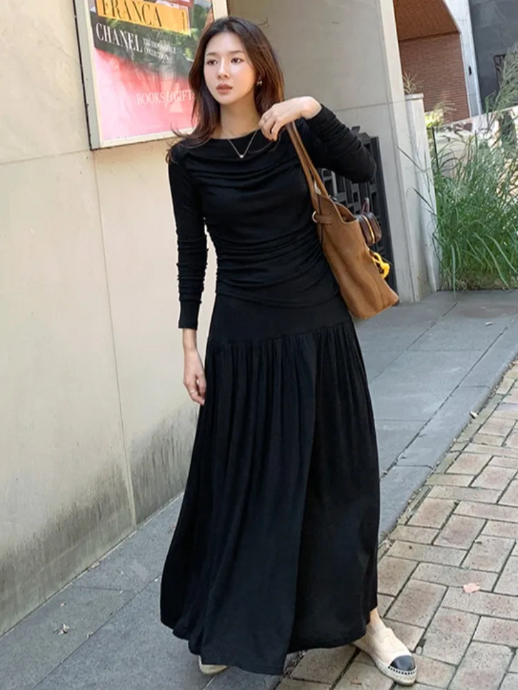 

Утягивающий комплект с юбкой с высокой талией, корейский комбинированный топ и юбка Sle Long Sve для молодых женщин, сложенный дизайн