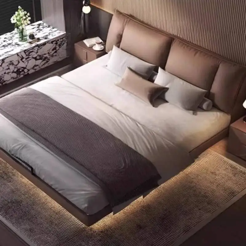 Brown Soft Double Bed Couples Decoration Adults Queen Modern Double Bed Luxury Japanese Wooden Camas Matrimoniales Furniture