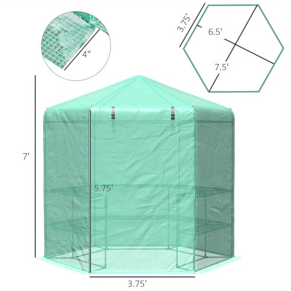 7.4' Portable Hexagonal Walk In Greenhouse 3-Tier Shelves Gardening Flower Plant