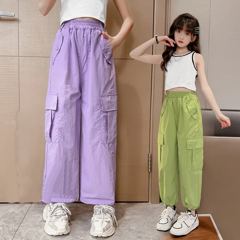 Teenage Girls Fashion Straight Cargo Pants with Four Pockets Summer Hot Deals Kids Clothes High Waist Long Trousers 5-14 Years