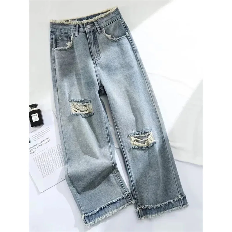 

2025 Ladies High Waist Wide Leg Trousers Korean Female Solid Color Denim Pantalons Autumn Women Casual Smoke Pipe Cowboy Pants