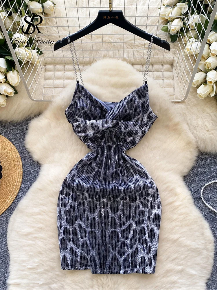 SINGREINY Summer Sequined Sexy Party Dress Ladies Spaghetti Strap Club Backless Sensual Vacation Shiny Leopard print Short Dress