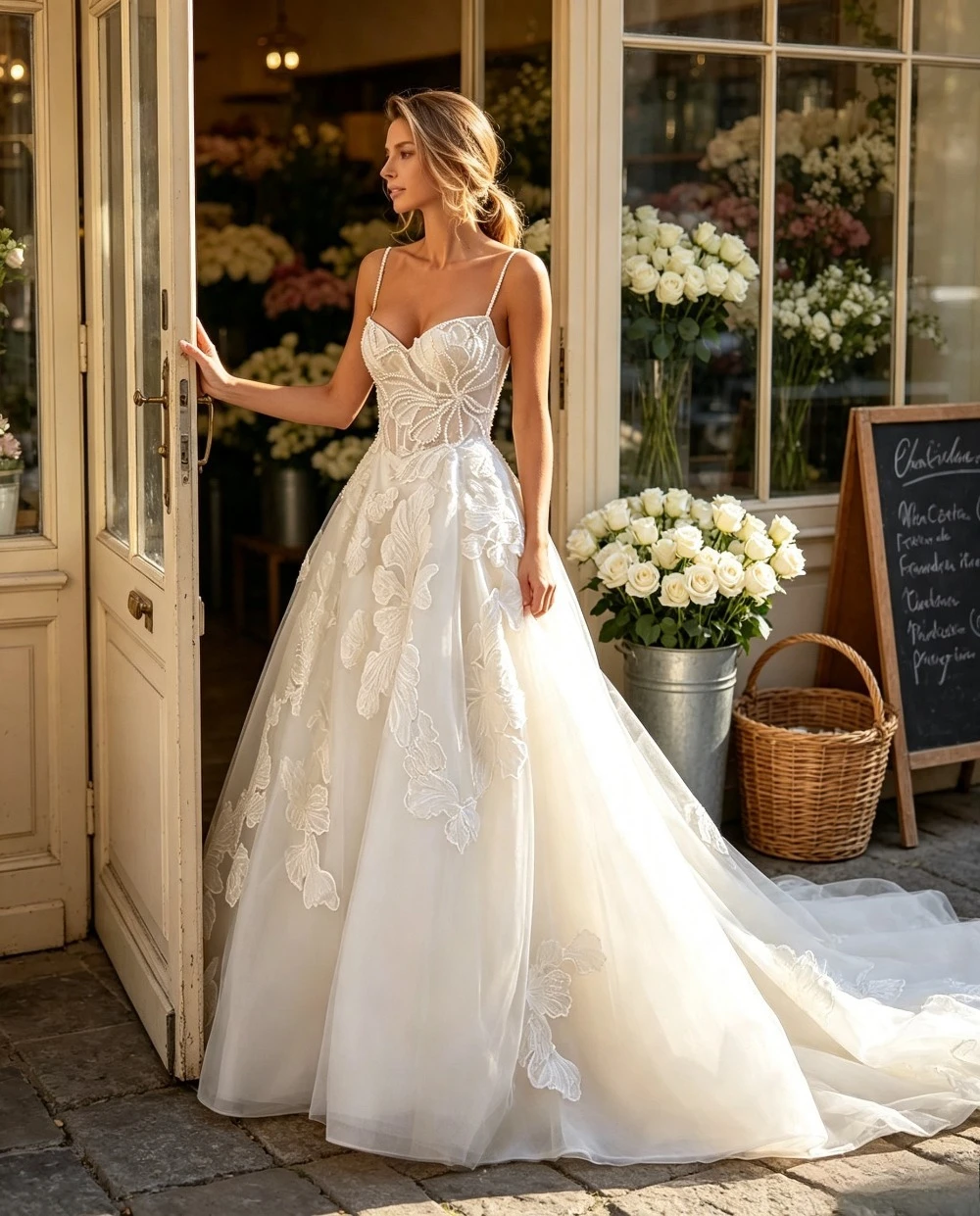 Customized White Chiffon Thin Shoulder Strap Wedding Dress 2026 Beaded Corset and 3D Floral Decal Luxurious A-line Bridal Gown