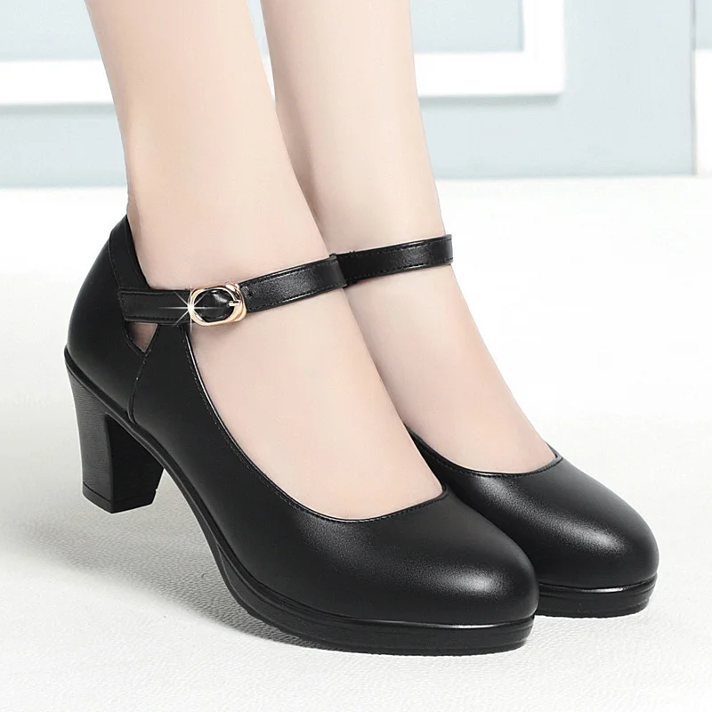 Spring Soft Leather Shoes Women Round Toe Platform Pumps Thick Heel Fashion Temperament Elegant Black Work Single Shoes