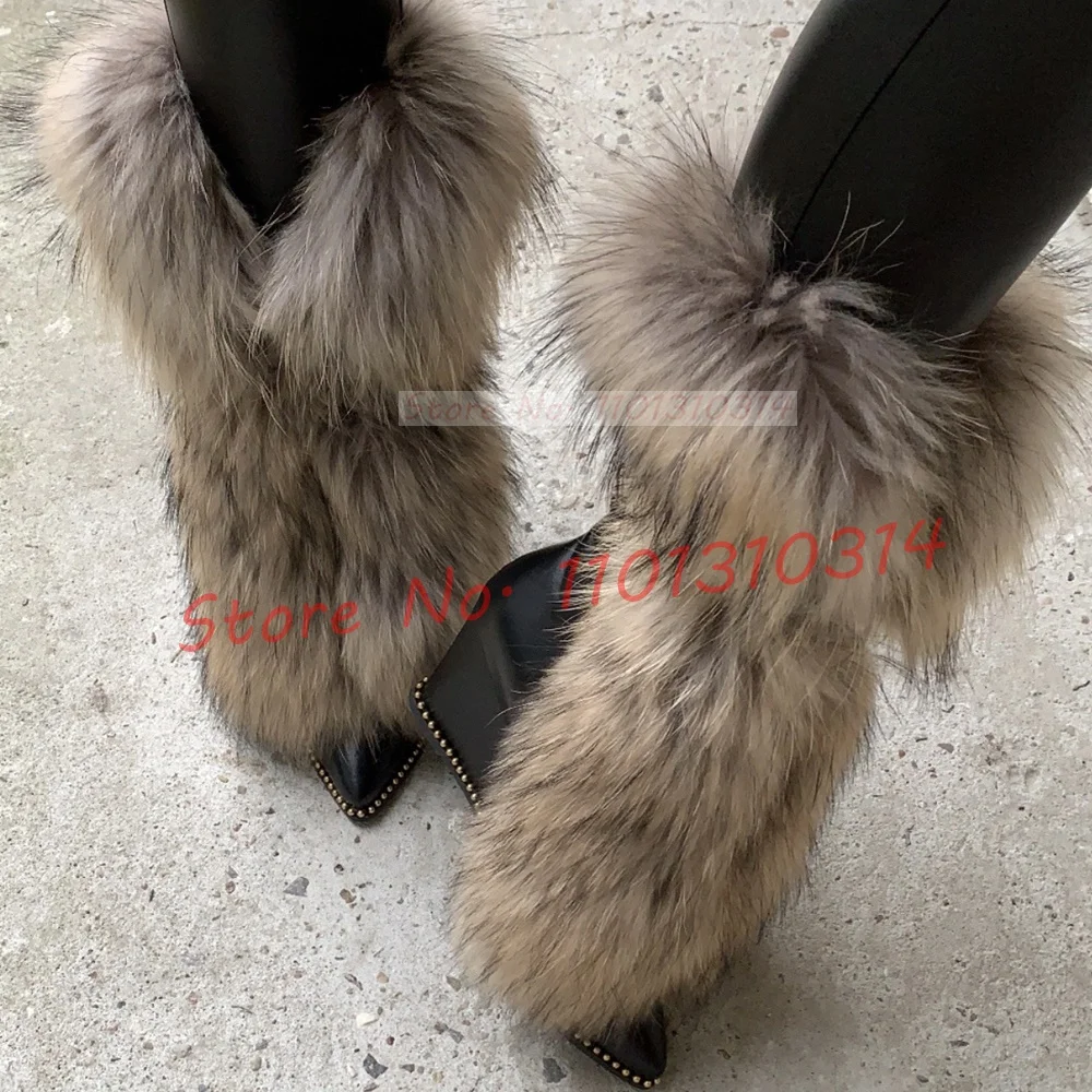 Fur Pointy Wedge Ankle Boots Ladies Newest Beige Rive Trim Lace-up Suede Heels Boots Women Luxury Stylish Big Size Furry Shoes