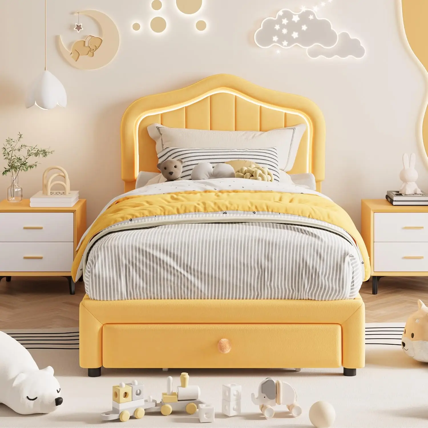 

Twin Upholstered Bed Frame with Storage Drawer and Smart Led Headboard, Twin Size Platform Bed Frames for Kids, Wooden S
