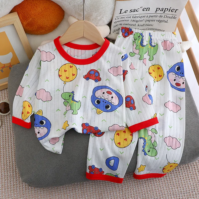 Pijamas finos de algodón puro para niños y niñas, camiseta de manga larga con estampado de dibujos animados, Tops y pantalones, conjuntos de ropa para bebés, novedad de 2024