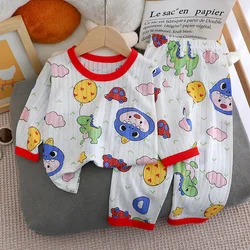 2024 neue Kinder Jungen Mädchen Sommer Reine Baumwolle Dünne Pyjamas Niedlichen Cartoon Print Langarm T-Shirt Tops + Hosen Baby kleidung Sets