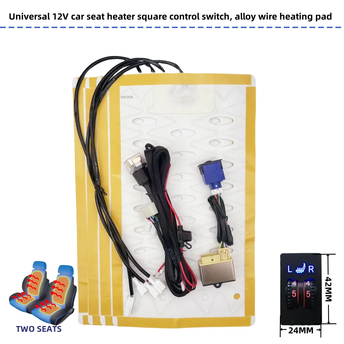 Universal 12V car seat heater, square 5 level switch controller, alloy wire heating pad, built-in device