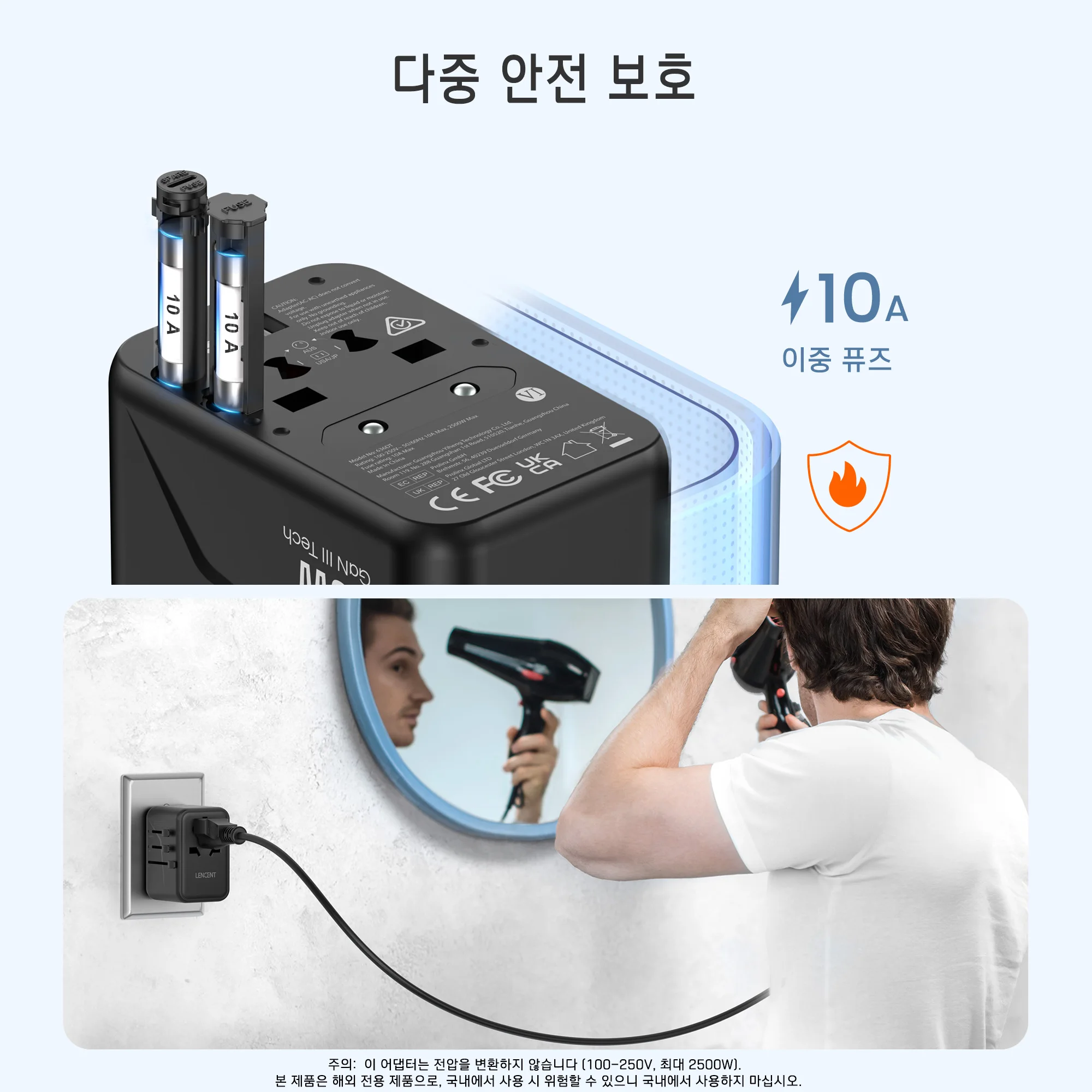 LENCENT 65W/100W GaN International Travel Adapter with 2USB 3 Type C GaN Fast Charging Adapter with EU AU US UK Plug for Travel