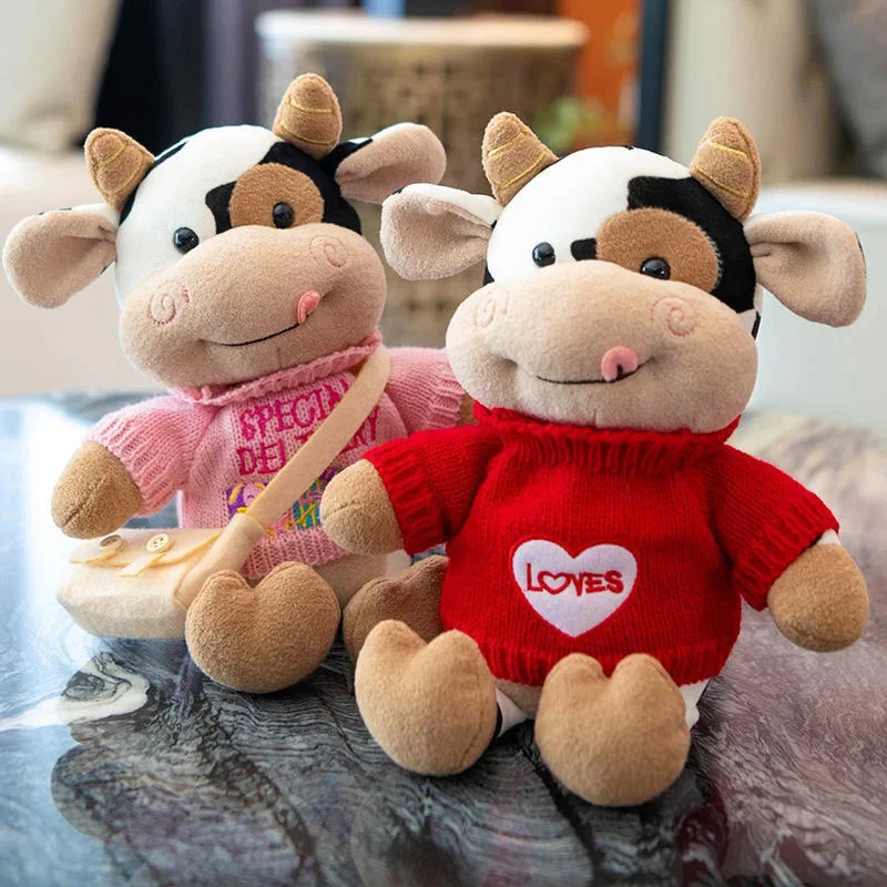 30/40CM Cartoon Milk Cow Plush Doll Cute Simulation Cattle Animals Plush Toys Soft Stuffed Sweater Cow Pillow Girl Birthday Gift