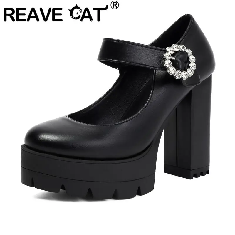

Туфли-лодочки REAVE CAT черные женские с круглым носком, массивным каблуком 11 см, платформой 3,5 см, ремешком с пряжкой, кристаллами, большие размеры 41, 42, 43, сексуальные туфли для свиданий