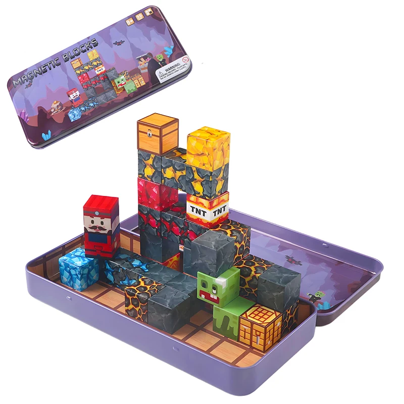 35 STKS Mijn-Thema Magnetische Bouwstenen Magneet Kubussen met Draagbare Ijzeren Doos STEM Zintuiglijke Reizen Speelgoed voor Kinderen Kerstcadeaus