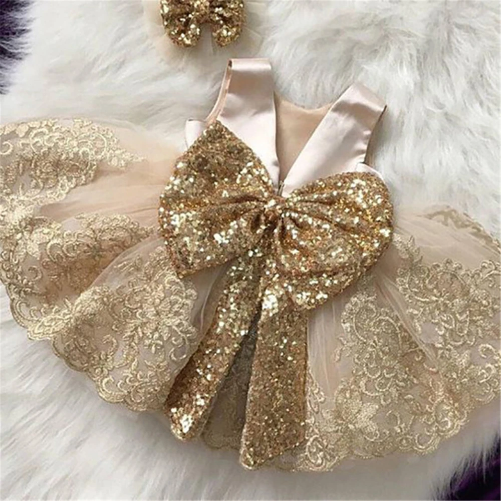 Golden Sequin Baby Christening Gowns Tulle Princess Dress Event Party Wear 1 Year Baby Girl Birthday Dresses Infant Baptism Gown