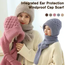 Integrated Hat Scarf Set For Women Winter Thickened Knitted Skullies Hat Keep Warm Ear Protection Cap For Cycling