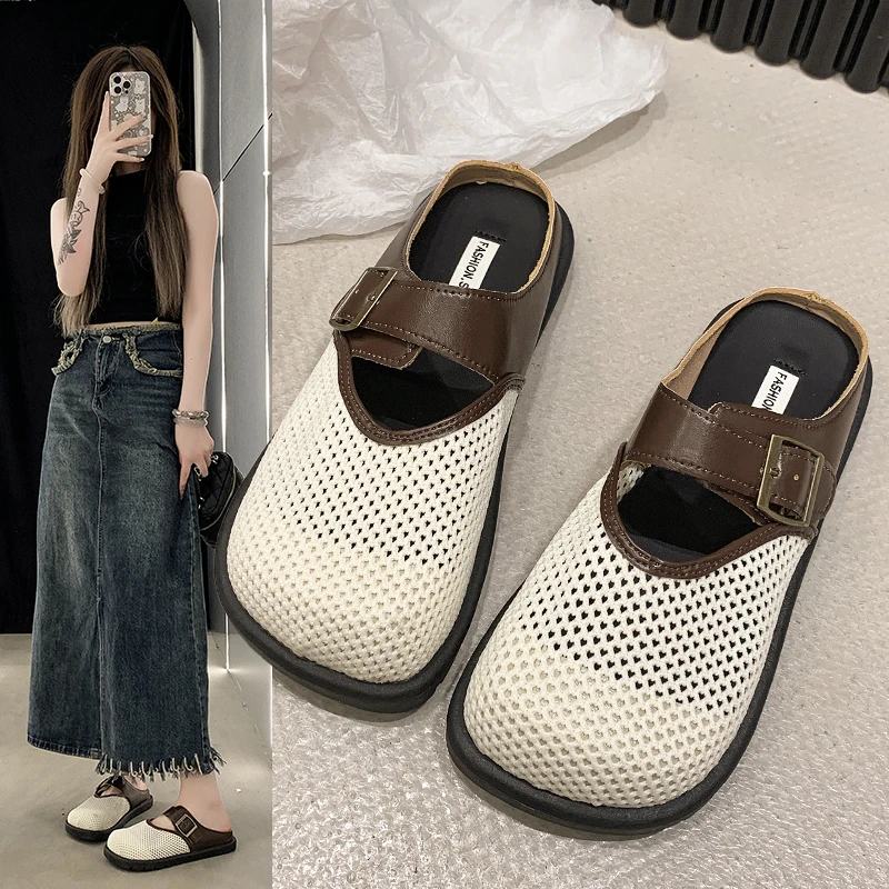 Women Slippers Fashionable Baotou Half Slippers Flat Shoes Simple Lazy Slippers Hollow Breathable Mesh Anti Slip Summer Outdoor