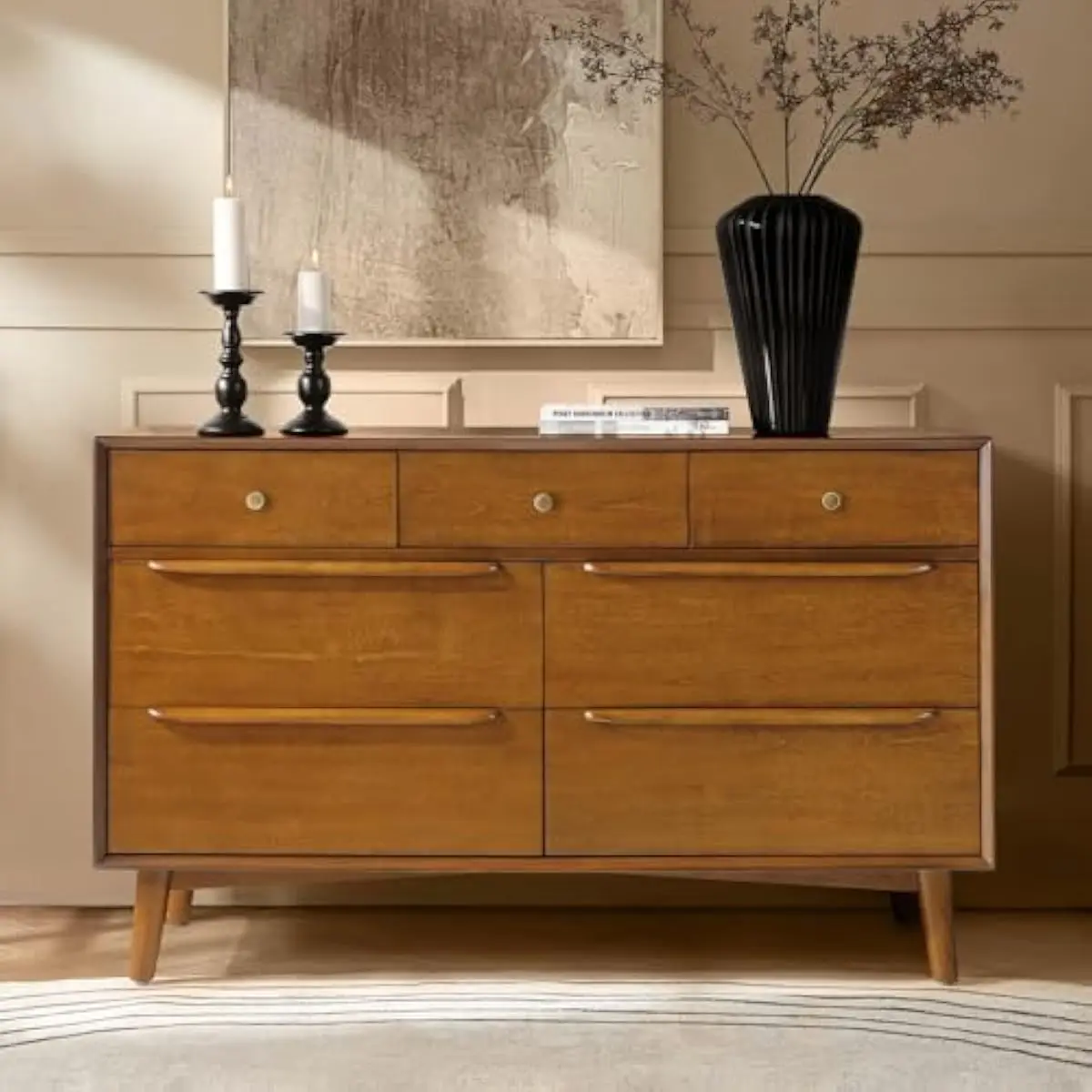 7 Drawer Dresser for Bedroom, 52' Wide Mid-Century Modern Chest of Drawers with Built-in Drawer Dividers, Wooden Bedroom Drawer