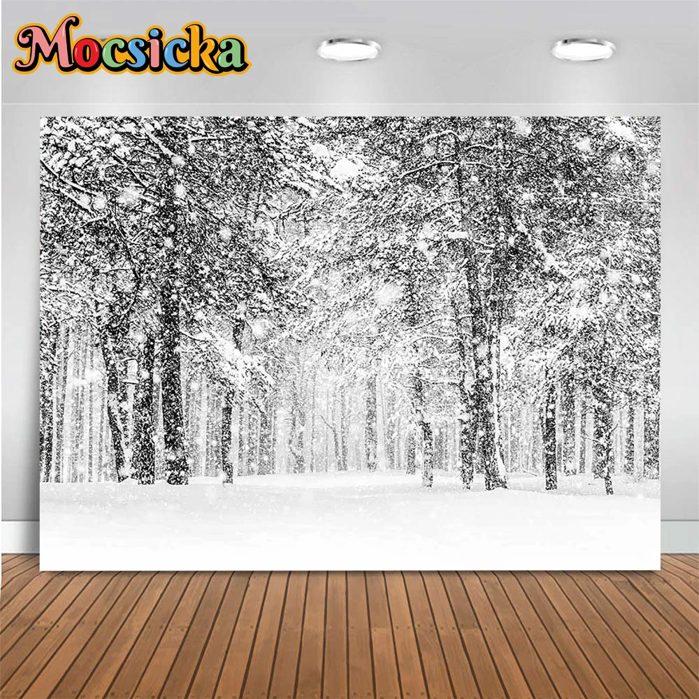 

Winter Pine Forest Background Studio Photography Natural Scenery Frozen Prop Snowflake Decor Children Family Outdoor Portrait