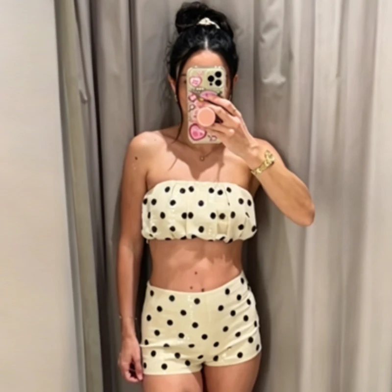 HXAO Polka Dots Pailletten-Shorts-Sets Damenanzug Elegantes Trägerloses Crop-Top Rückenfreies Top 2-teiliges Set Schickes Mini-Outfit mit Niedriger Taille – Detail 7