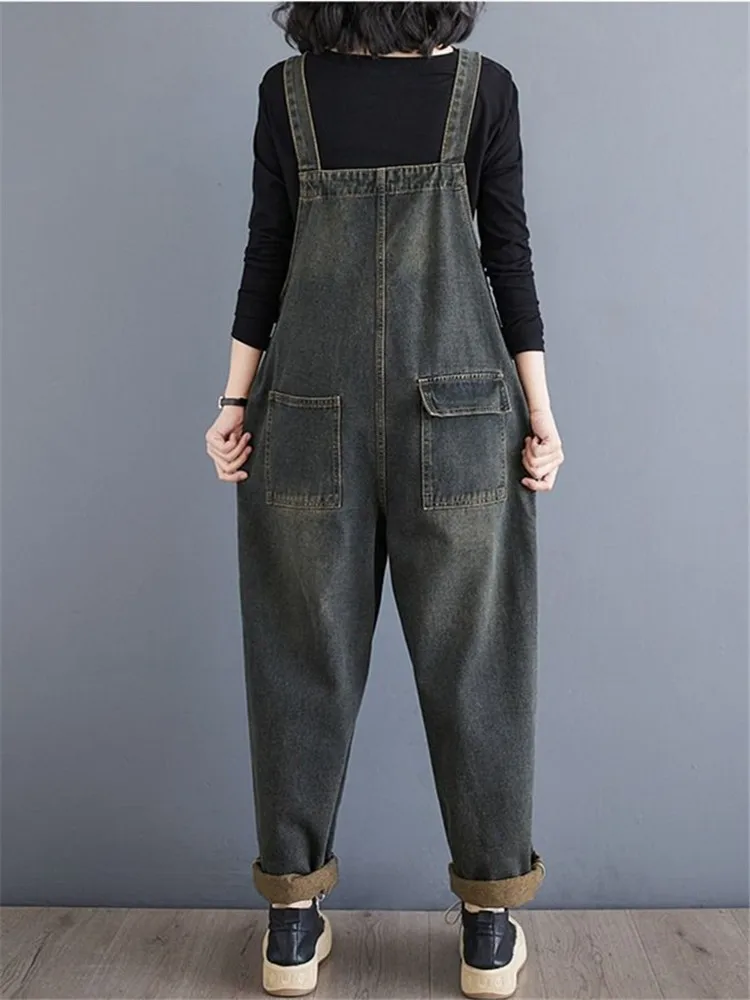 Autumn Women's Denim Jumpsuit 2024 New Literary And Artistic Oversized Loose Slimming Suspender Design Strap Jeans Overalls