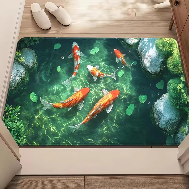 3D Visual Illusion Carp Pattern Printed Doormat Hallway Entrance Water-absorbent Non-slip Welcome Mat Funny Home Decor Carpet