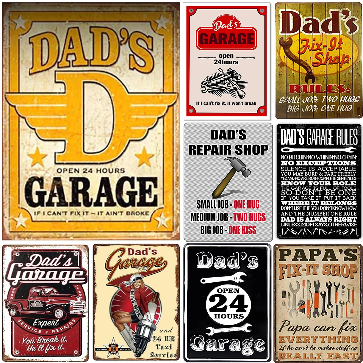 Dad\'s Garage Workshop Repair Shop 24 Hours Service Vintage Metal Tin Signs Retro Iron Picture Bar Cafe Garage Gym Pub Decor