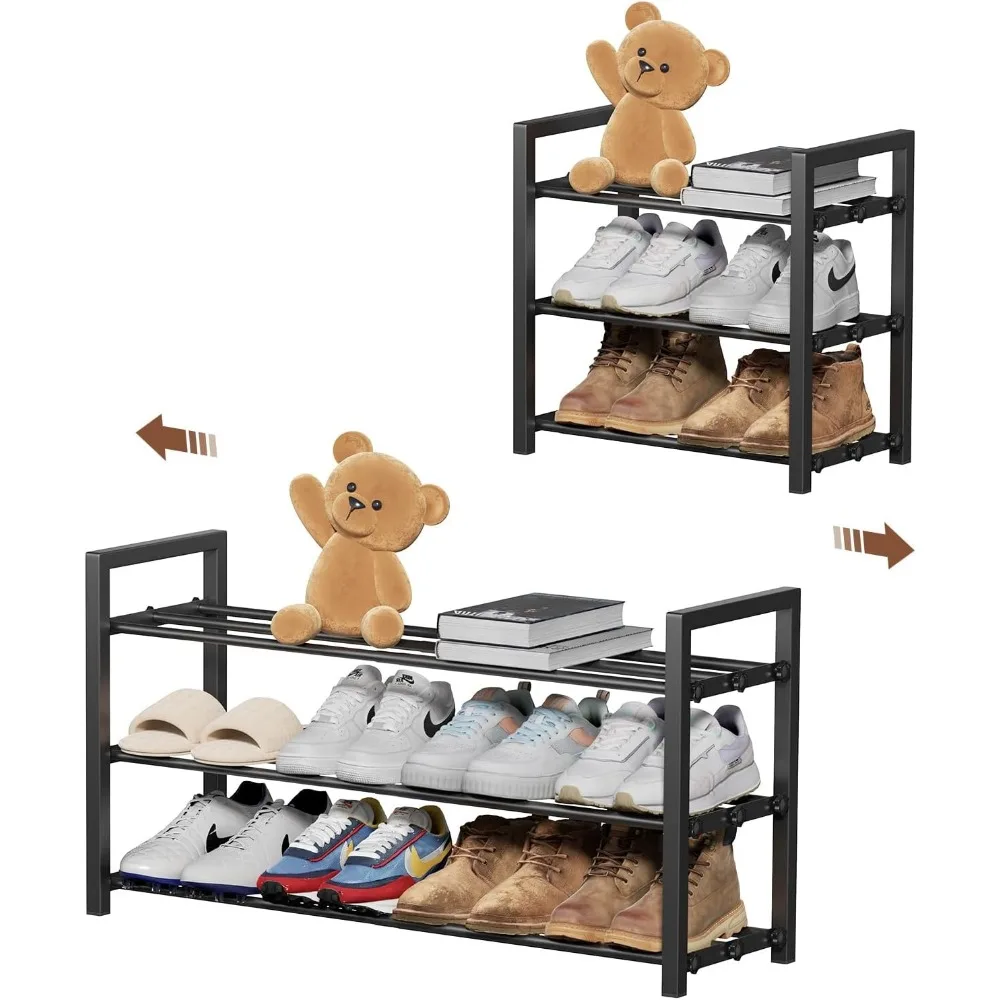 

3-уровневая расширяемая полка для обуви, регулируемый металлический органайзер для хранения для прихожей, шкафа, дверного проема (черный)