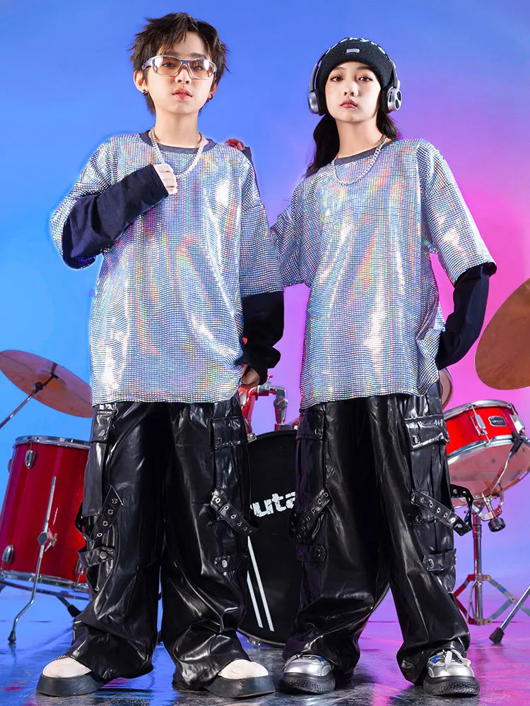 

Girl Boy Kpop Hip Hop Clothing Silver Metalic Sweatshirt Top Black Faux Leather Stap Cargo Pants for Kid Dance Costumes Clothes